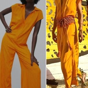New Zara Jacquard Paisley Print Full Length Sleeveless Orange Jumpsuit Romper